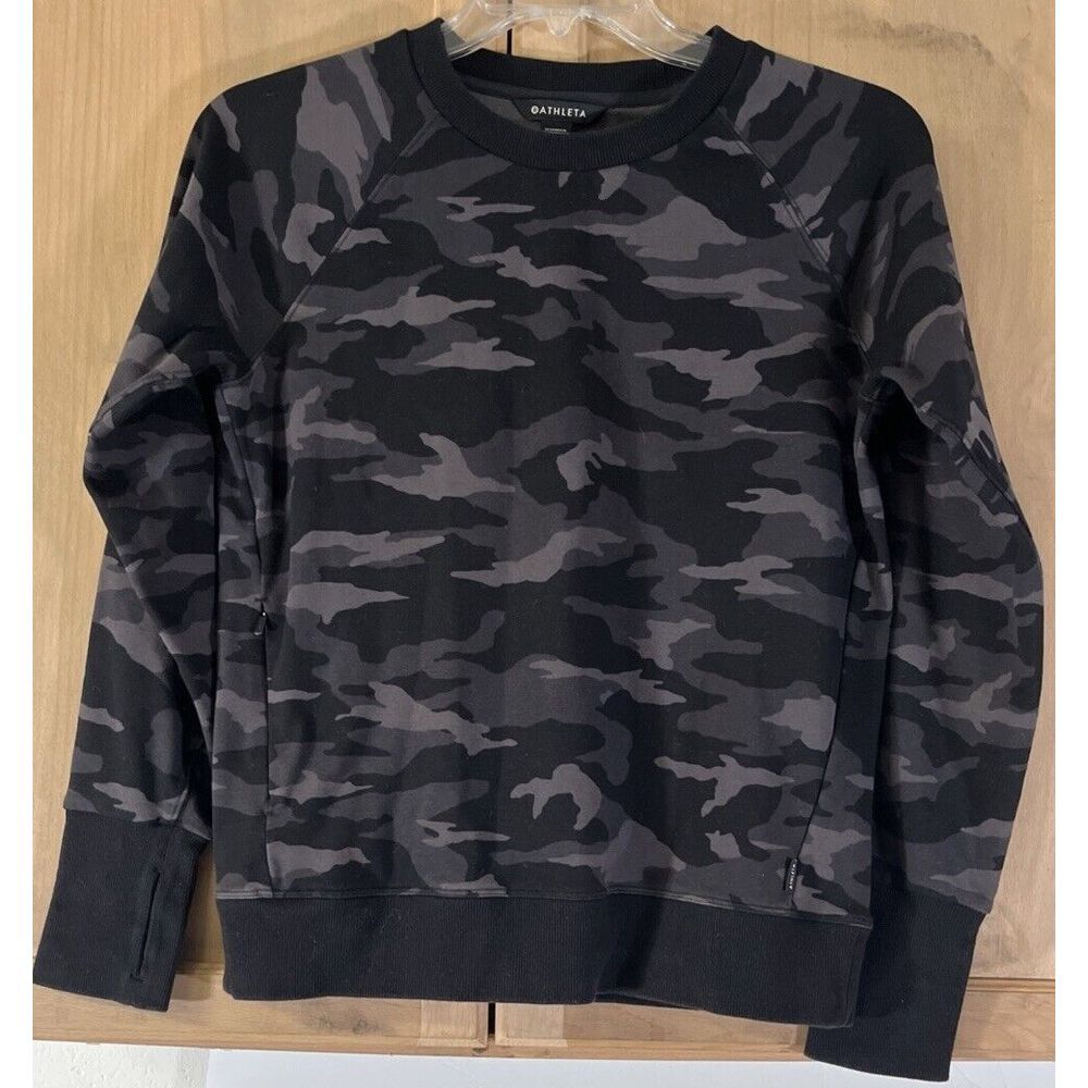 ATHLETA Triumph Camo Sweatshirt SZ Small Black Gray Zip Pocket Thumb Sleeves